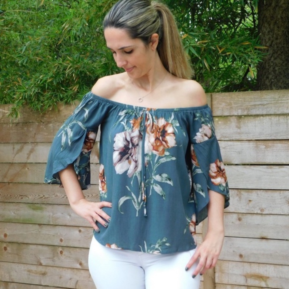 1 LEFT! Large Off Shoulder Floral Top In Teal